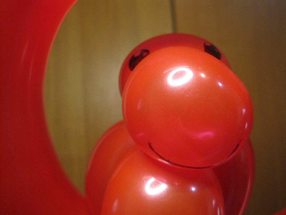 Close-up of a red balloon bird with drawn-on eyes and a smile, perched inside a red balloon ring